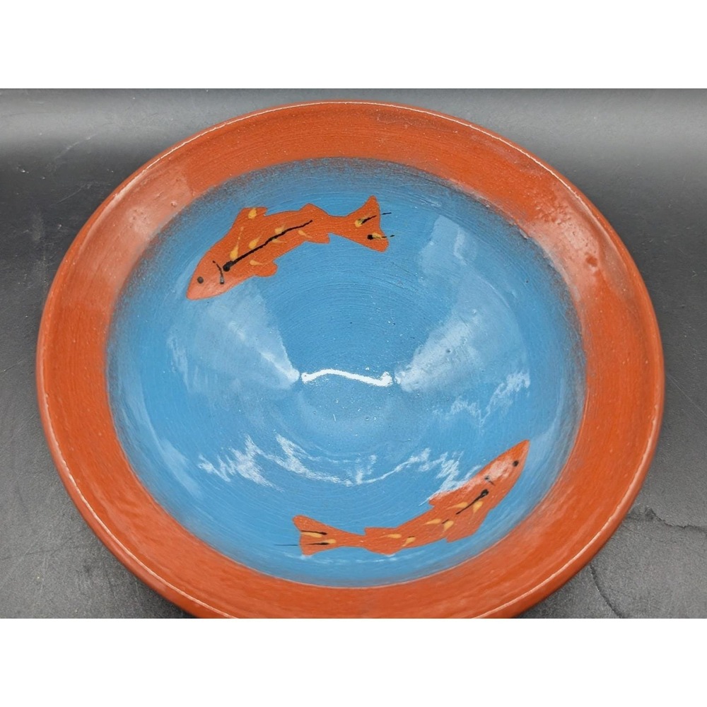 Artisan‎ Signed Studio Pottery Fish Bowl Blue Glazed Terracotta Hand Painted 7"